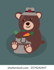 Organic Illustration with Bear is Sitting and Holding Vegetables Bag