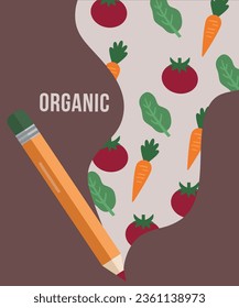 Organic Illustration with Pencil and Background Lattuce,Tomato, Carrot