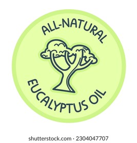 Organic ingredient for cooking and dieting, isolated all natural eucalyptus oil. Icon with tree sketch. Promotional banner, logotype or label for package, rounded logo. Vector in flat styles