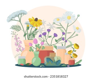 Organic ingredients for alternative medicine vector illustration. Cartoon drawing of herbal and floral products or medical cosmetics for therapy. Alternative medicine, treatment, healthcare concept