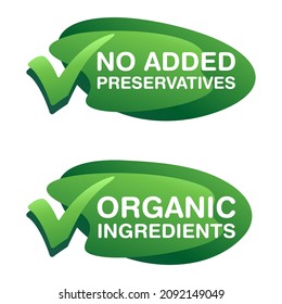 Organic Ingredients flat round stamp in thin line for healthy natural food products composition labels - vector isolated pictogram in 2 options with plant leaf. Vector illustration