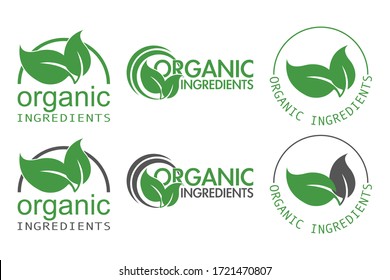 Organic Ingredients Green Leaf Vector Label Icon Set. Flat Style. Isolated. 