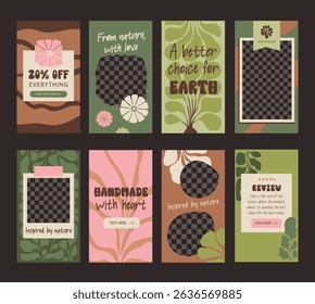 Organic Instagram Story Templates with Botanical Frames and Abstract Shapes. 
Nature Design for Eco, Beauty Brands, etc