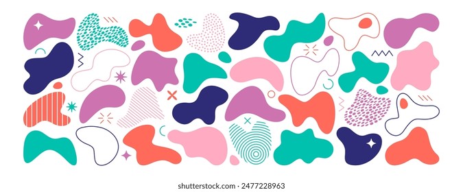 Organic irregular blob shapes. Color random deform fluid spots. Abstract liquid forms set. Simple freeform, asymmetric bubble blotches, drops or basic stains. Blots, amoeba or uneven outline figures.