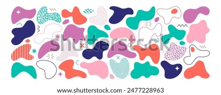 Organic irregular blob shapes. Color random deform fluid spots. Abstract liquid forms set. Simple freeform, asymmetric bubble blotches, drops or basic stains. Blots, amoeba or uneven outline figures.