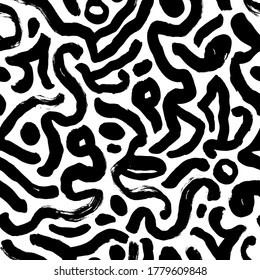 Organic irregular circular lines vector seamless pattern. Hand drawn black and white organic shapes texture. Biological grunge squiggle lines, structure of natural cells. Abstract brushstrokes. 