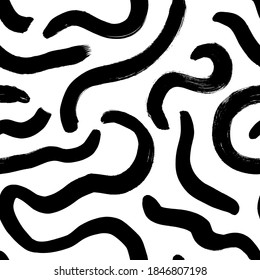 Organic irregular circular lines vector seamless pattern. Hand drawn black and white organic shapes texture. Biological grunge squiggle lines, structure of natural cells. Abstract brushstrokes. 