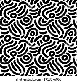 Organic irregular circular lines vector seamless pattern. Hand drawn black and white organic shapes and circles texture. Biological grunge squiggle lines, structure of natural cells. Dry brushstrokes.