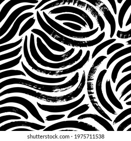 Organic irregular circular lines vector seamless pattern. Hand drawn black and white organic shapes texture. Biological grunge squiggle lines, structure of natural cells. Abstract brushstrokes. 