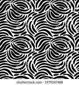 Organic irregular circular lines vector seamless pattern. Hand drawn black and white organic shapes texture. Biological grunge squiggle lines, structure of natural cells. Abstract brushstrokes. 