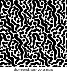 Organic irregular circular lines vector seamless pattern. Hand drawn black and white organic shapes texture. Biological grunge squiggle lines, structure of natural cells. Abstract brushstrokes. 