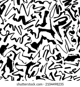 Organic irregular curly lines vector seamless pattern. Hand drawn abstract background with curved brush strokes. Black and white wavy organic strokes. Abstract background with rough textured shapes