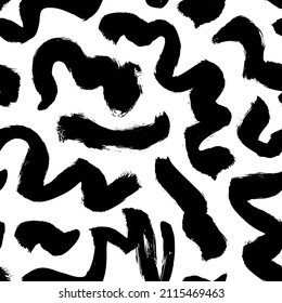 Organic irregular curly lines vector seamless pattern. Hand drawn black and white organic brush strokes. Squiggle bold curved smears, curved and wavy lines. Abstract ink background
