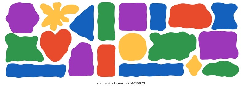 Organic irregular forms geometric shapes. Wavy rectangle, square frames with heart, blob for text. Arc, triangles box and curvy blot. Flat geometric set with oval, quote block and uneven sticker bg.