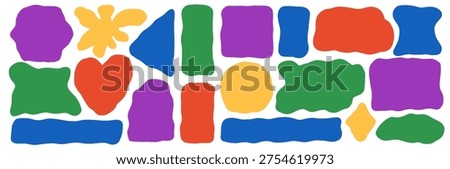 Organic irregular forms geometric shapes. Wavy rectangle, square frames with heart, blob for text. Arc, triangles box and curvy blot. Flat geometric set with oval, quote block and uneven sticker bg.