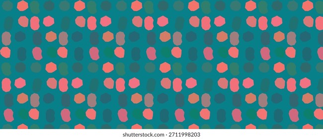 Organic Irregular Polka Dot Seamless Pattern in Coral, Terracotta and Muted Green on Rich Teal Background for Modern Textiles, Home Decor, Kids Products, Stationery and Contemporary Surface Design
