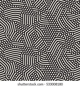 Organic Irregular Rounded Lines. Abstract Freehand Background Design. Vector Seamless Black and White Pattern.