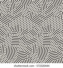 Organic Irregular Rounded Lines. Abstract Freehand Background Design. Vector Seamless Black and White Pattern.