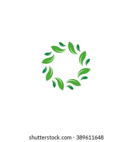 Organic isolated vector green circle logo. Leafs nature border. Green environment design element. Organic circular frame illustration.