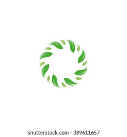 Organic isolated vector green circle logo. Leafs nature border. Green environment design element. Organic circular frame illustration.