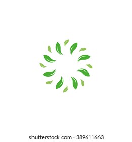 Organic isolated vector green circle logo. Leafs nature border. Green environment design element. Organic circular frame illustration.