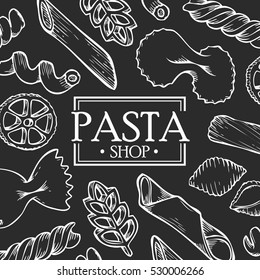 Organic Italian pasta food shop vector hand drawn template packaging food, drink, menu label, banner poster identity, branding. Stylish design with sketch illustration of pasta sketch