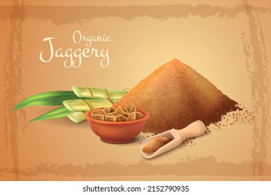 Organic jaggery powder and blocks with fresh sugar cane on color background realistic vector illustration