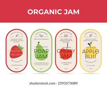 Organic jam labels showcasing various flavors highlighting natural ingredients