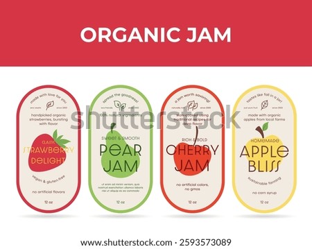 Organic jam labels showcasing various flavors highlighting natural ingredients