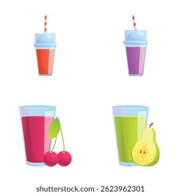 Organic juice icons set cartoon vector. Various fruit and vegetable juice. Healthy natural drink