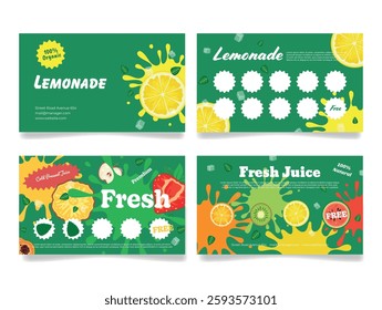 An organic juice store loyalty card that rewards regular purchases of fresh lemonade and juice with a rewards program