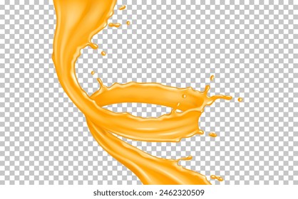 Organic juice twisting flow realistic vector illustration. Refreshing liquid. Orange drink swirl motion 3d object on transparent background