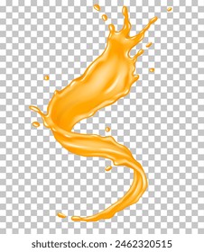 Organic juice twisting flow realistic vector illustration. Refreshing liquid. Orange drink swirl motion 3d object on transparent background