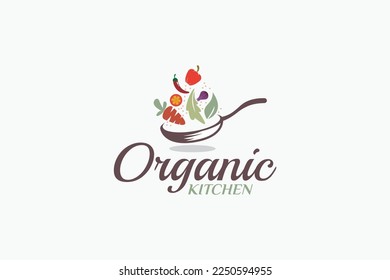 organic kitchen logo with a combination of a frying pan, and organic food ingredients
