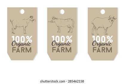 Organic label design. Hand drawing illustration of pig, rabbit and horse