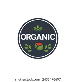 Organic Label Emblem Featuring Green Leaves and Red Tomato Vector Illustration