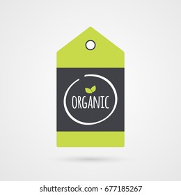 Organic label. Food icon. Vector green white and gray shopping tag sign isolated. Illustration symbol for product, packaging, healthy eating, lifestyle, project, advertisement, shop, menu, logo 