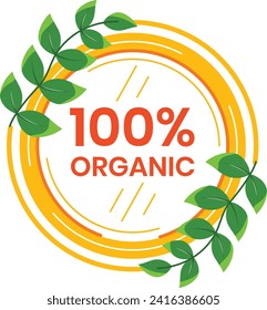 Organic label with green leaves and orange circle. Eco friendly, natural product stamp design. Healthy lifestyle badge vector illustration.