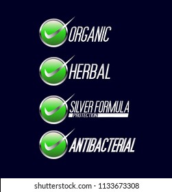 	
Organic Label, Herbal Label, Silver formula protection label and Anti bacterial protection icon symbol, for your healthy product like as soap, mouthwash, and toothpaste