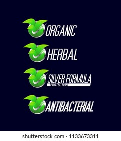 	
Organic Label, Herbal Label, Silver formula protection label and Anti bacterial protection icon symbol, for your healthy product like as soap, mouthwash, and toothpaste