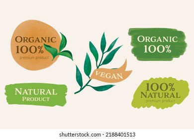 Organic label, natural label, organic banner with hand drawn stain brush watercolor. Tag and badge organic logo vegan food mark.