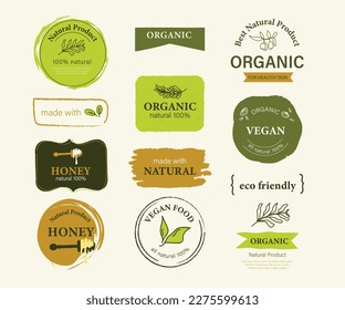 Organic label, natural label, organic banner with hand drawn stain brush watercolor painting. Sticker and badge organic logo vegan food mark.