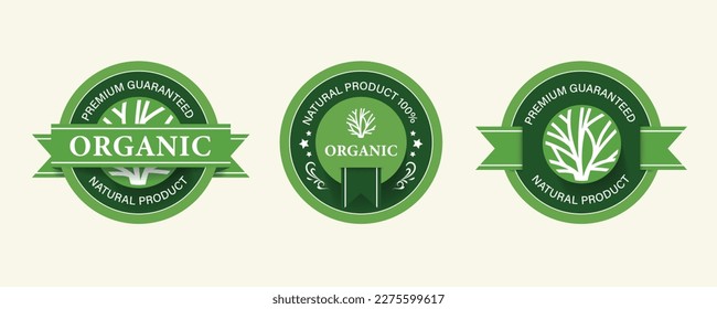 Organic label, natural label, organic banner with hand drawn stain brush watercolor painting. Sticker and badge organic logo vegan food mark. Green banner. Green label.