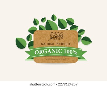 Organic label, natural label, organic banner with paper leaves craft. Sticker and badge organic logo vegan food mark. Green banner. Green label.