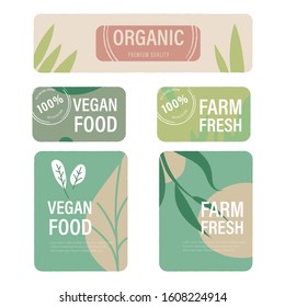 Organic label and natural label brush style. Tag and Sticker Farm fresh logo vegan food mark guaranteed.