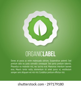 Organic label on green flyer template with place for text, vector illustration