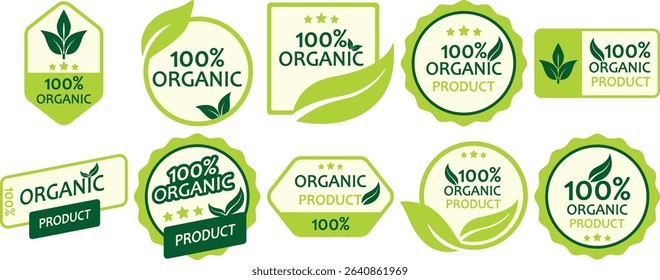Organic label product. Green healthy organic natural eco bio food products label, logo, stamp. Vector isolated.	
