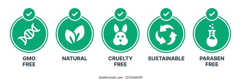 Organic label set. Containing GMO Free, Natural, Cruelty Free, Sustainable and Paraben Free badges. Vector illustration