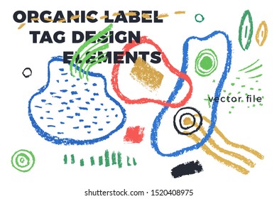 Organic label tag elements on white background with vector vegan icons, nature abstract signs, natures logo, veganism symbols, organic banner template for trendy design of healthy food, eco-product.