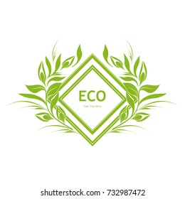 Organic label from twisted leaves. Vector eco element. Natural product design